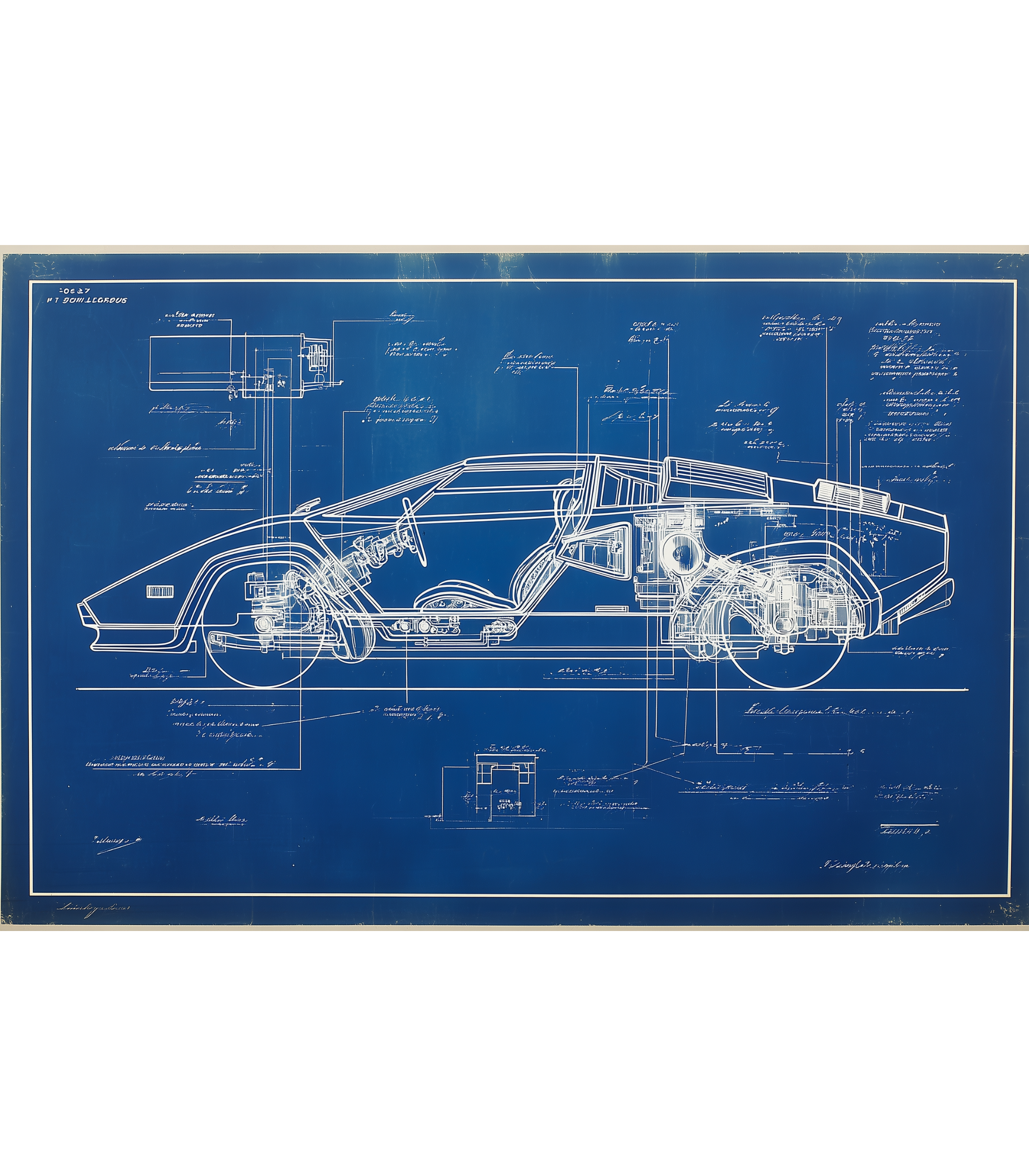 Technical systems blueprint of the Countach with chassis and powertrain overlays.