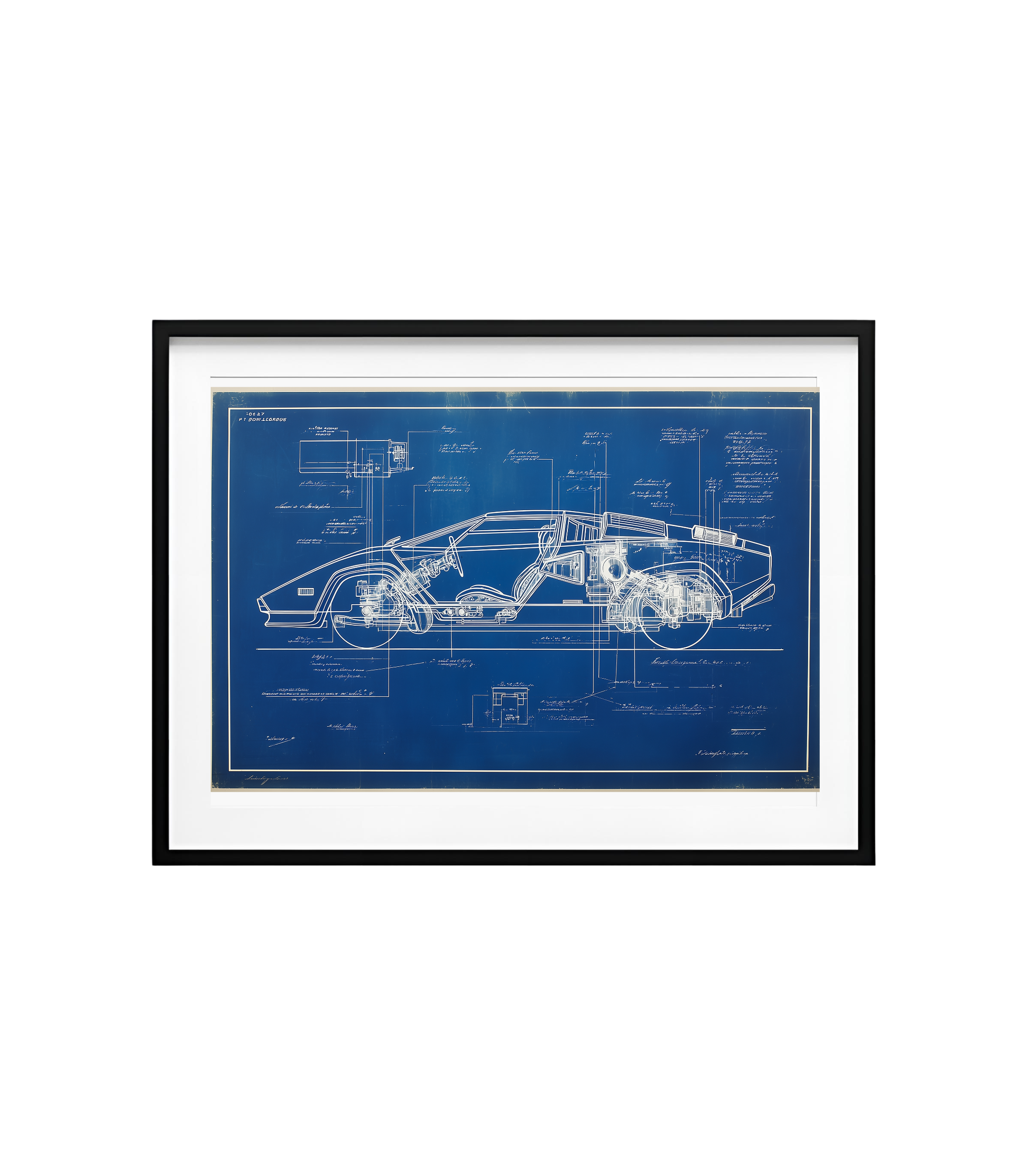 Framed blueprint of a car design on a white background. Technical systems blueprint of the Countach with chassis and powertrain overlays.