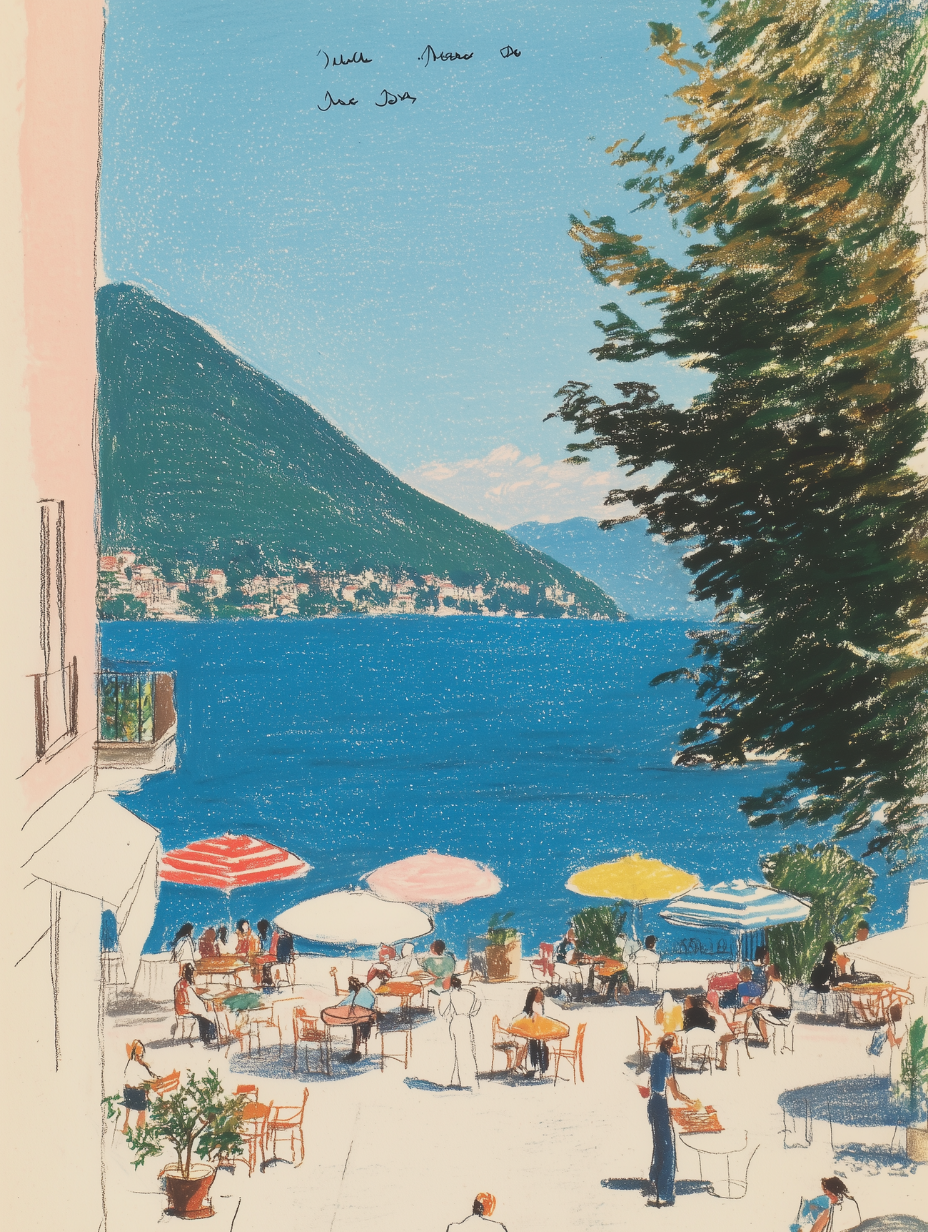 Lake Como Cafe Terrace | Outdoor Dining by the Water | Vintage Travel Art