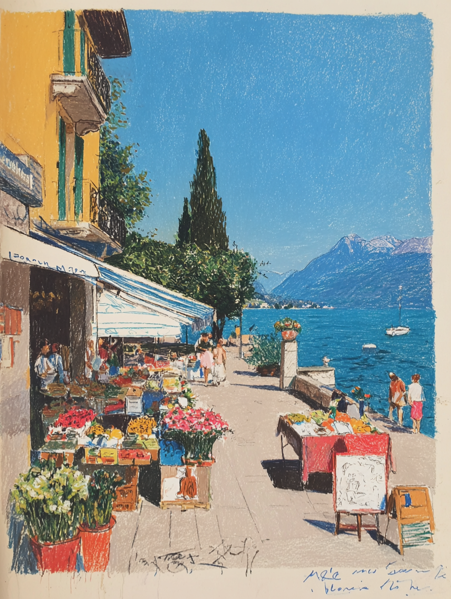 Lake Como Market Street | Italian Market by the Lake | Vintage Travel Art