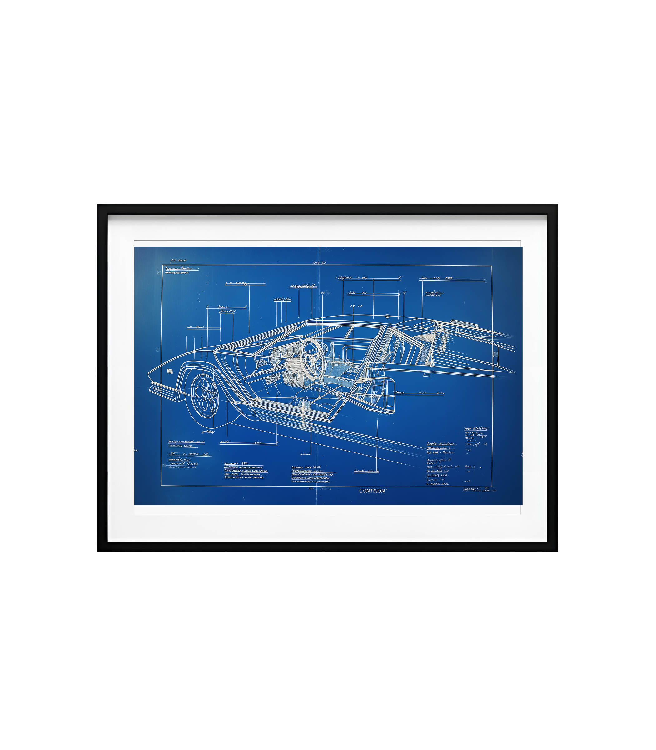 Countach cockpit/door cutaway blueprint with instrument and hinge callouts