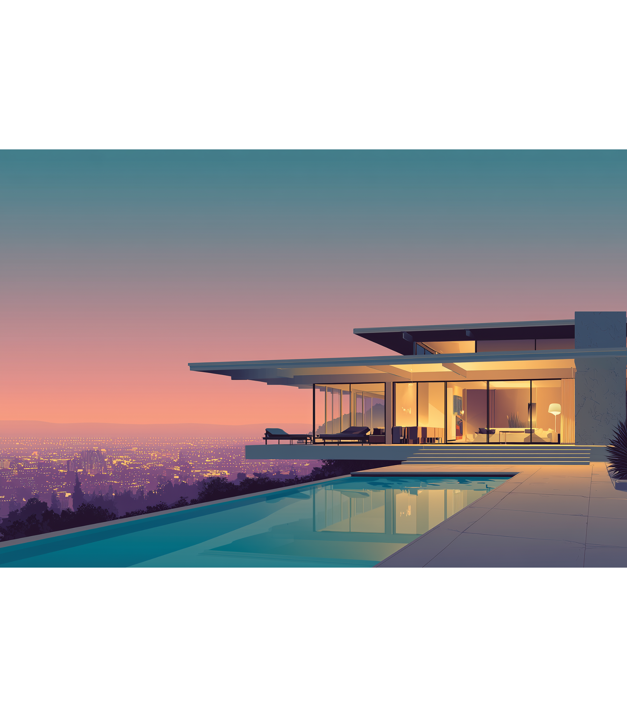 Modern house with a pool and cityscape view at dusk