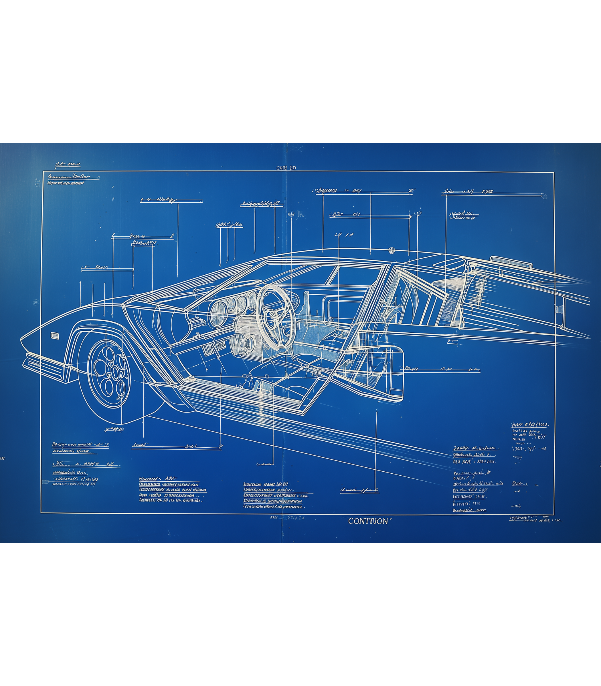 Countach cockpit/door cutaway blueprint with instrument and hinge callouts