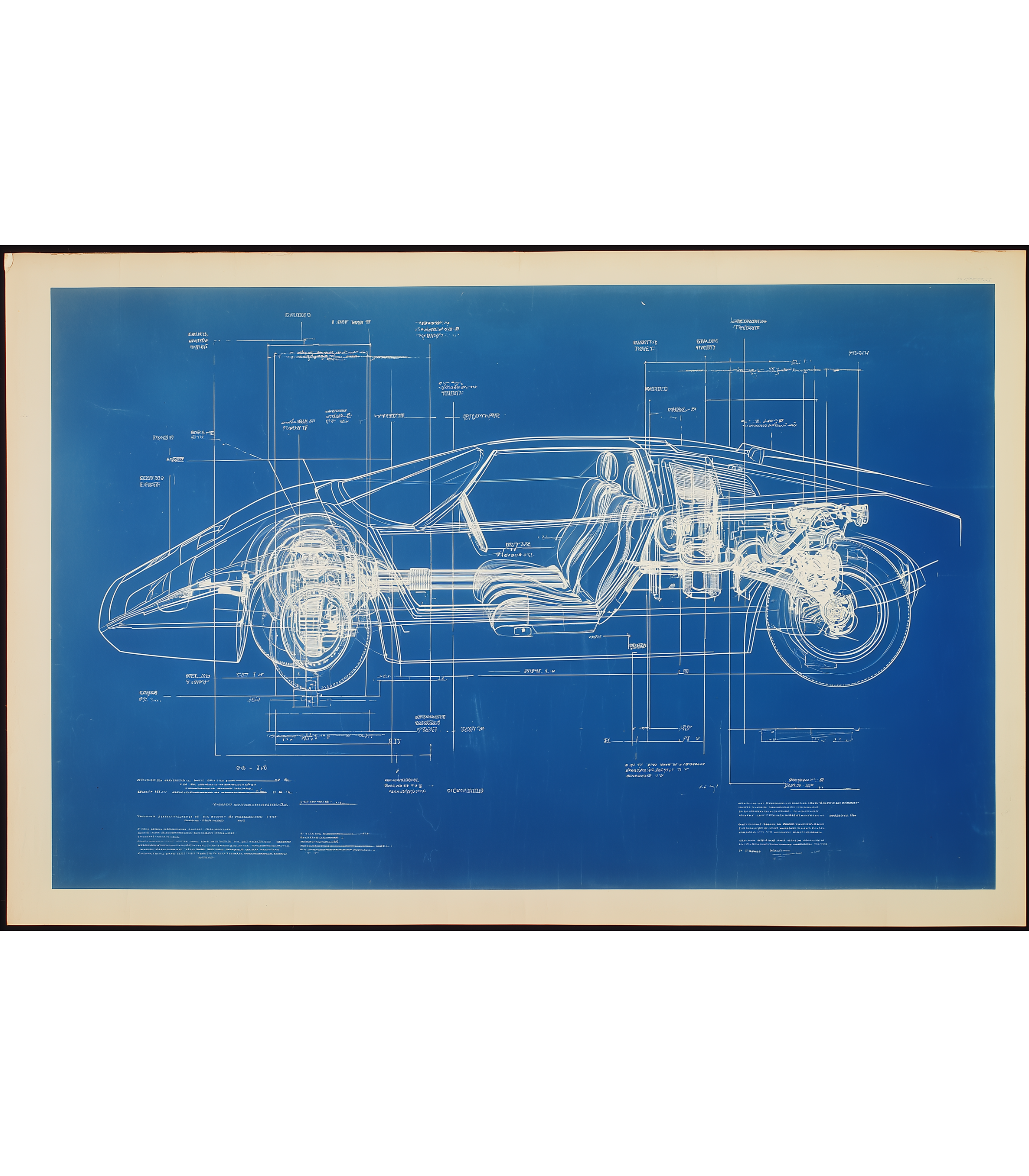 Framed blueprint of a car design on a blue background. Heritage blueprint of the Countach with vintage plate border and annotations.