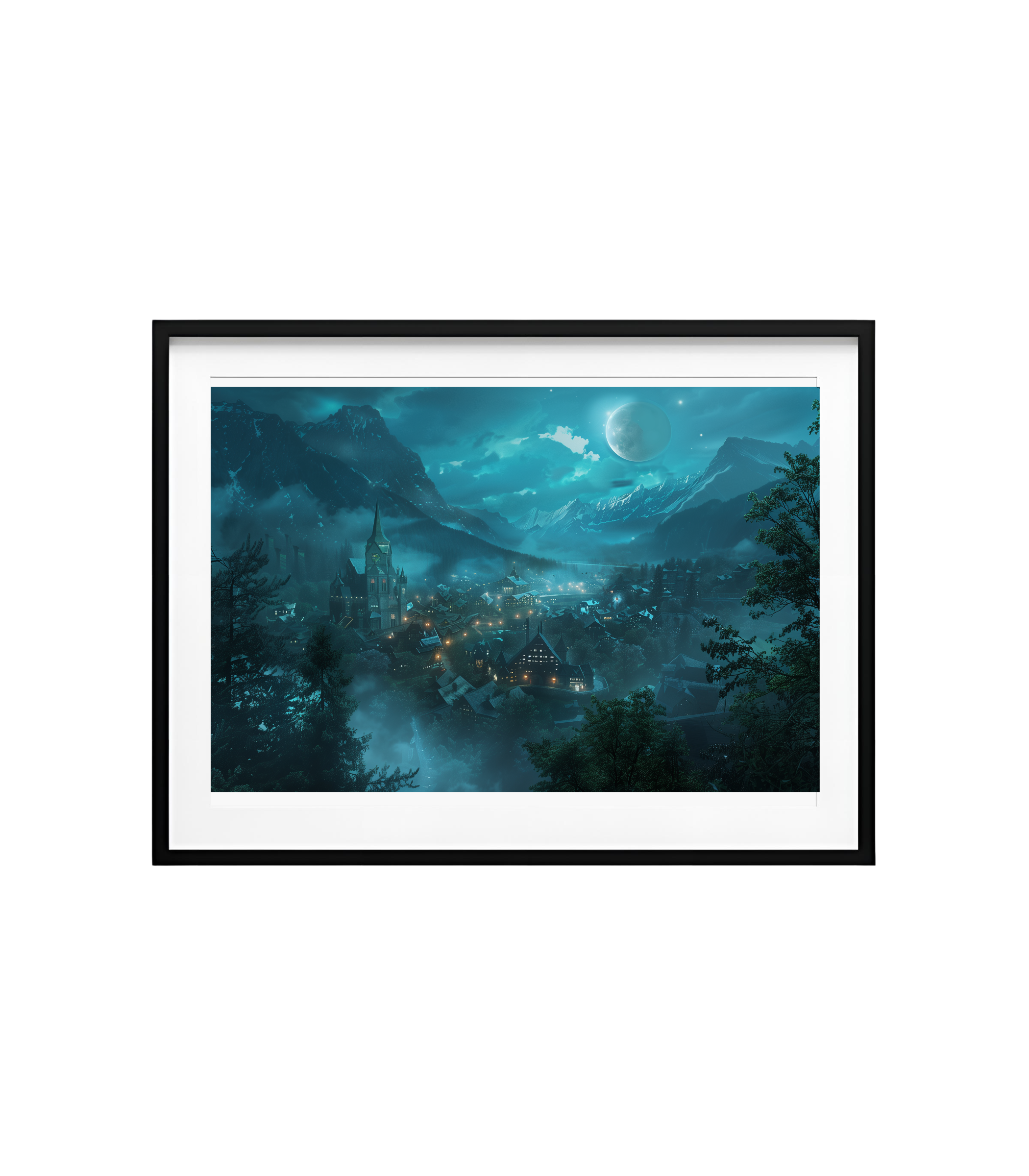 Framed artwork of a mountainous landscape with a city at night. Wide view of moonlit valley town with fog and teal night sky.