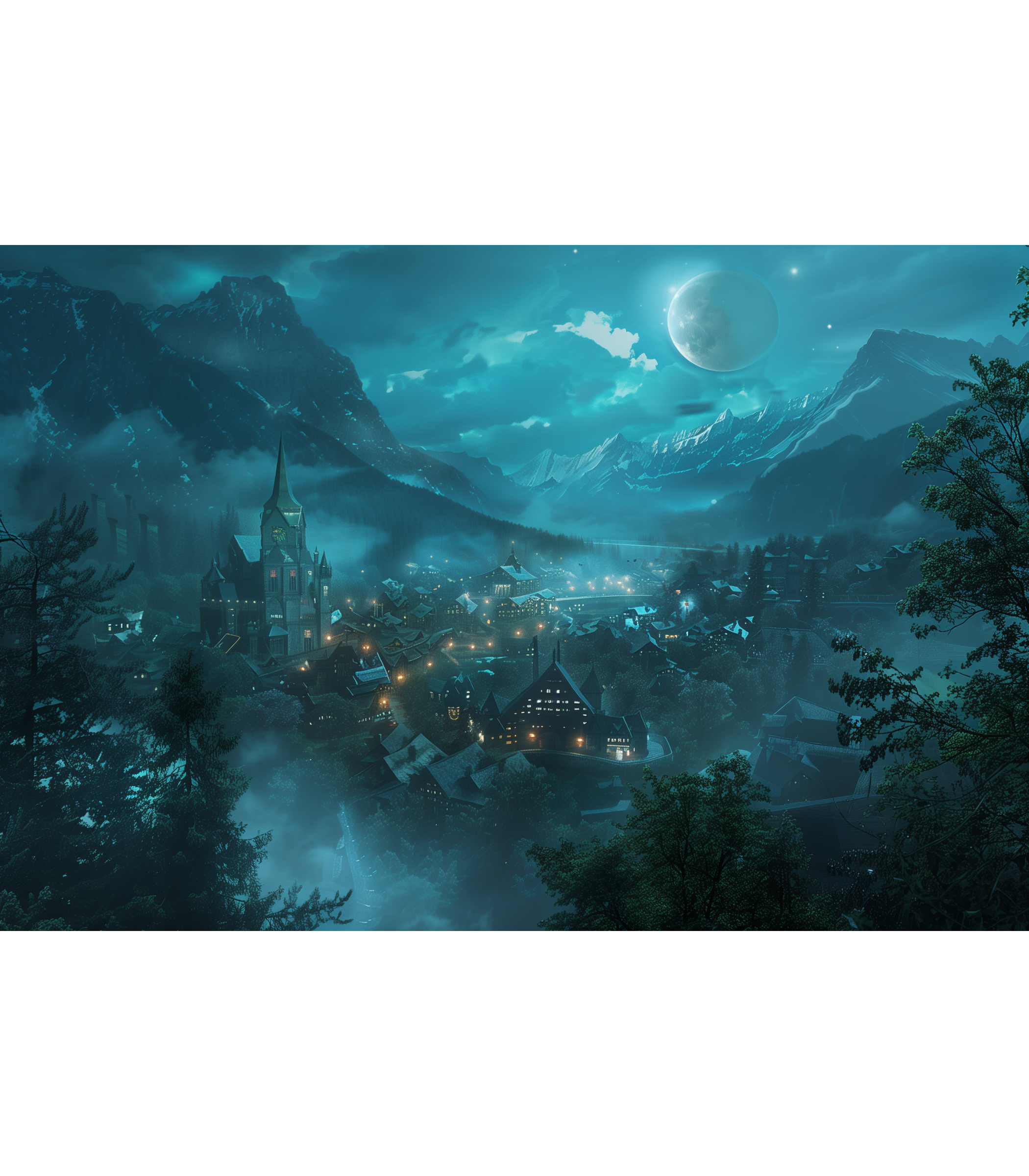 Futuristic cityscape with mountains and a large moon in the sky. Wide view of moonlit valley town with fog and teal night sky.