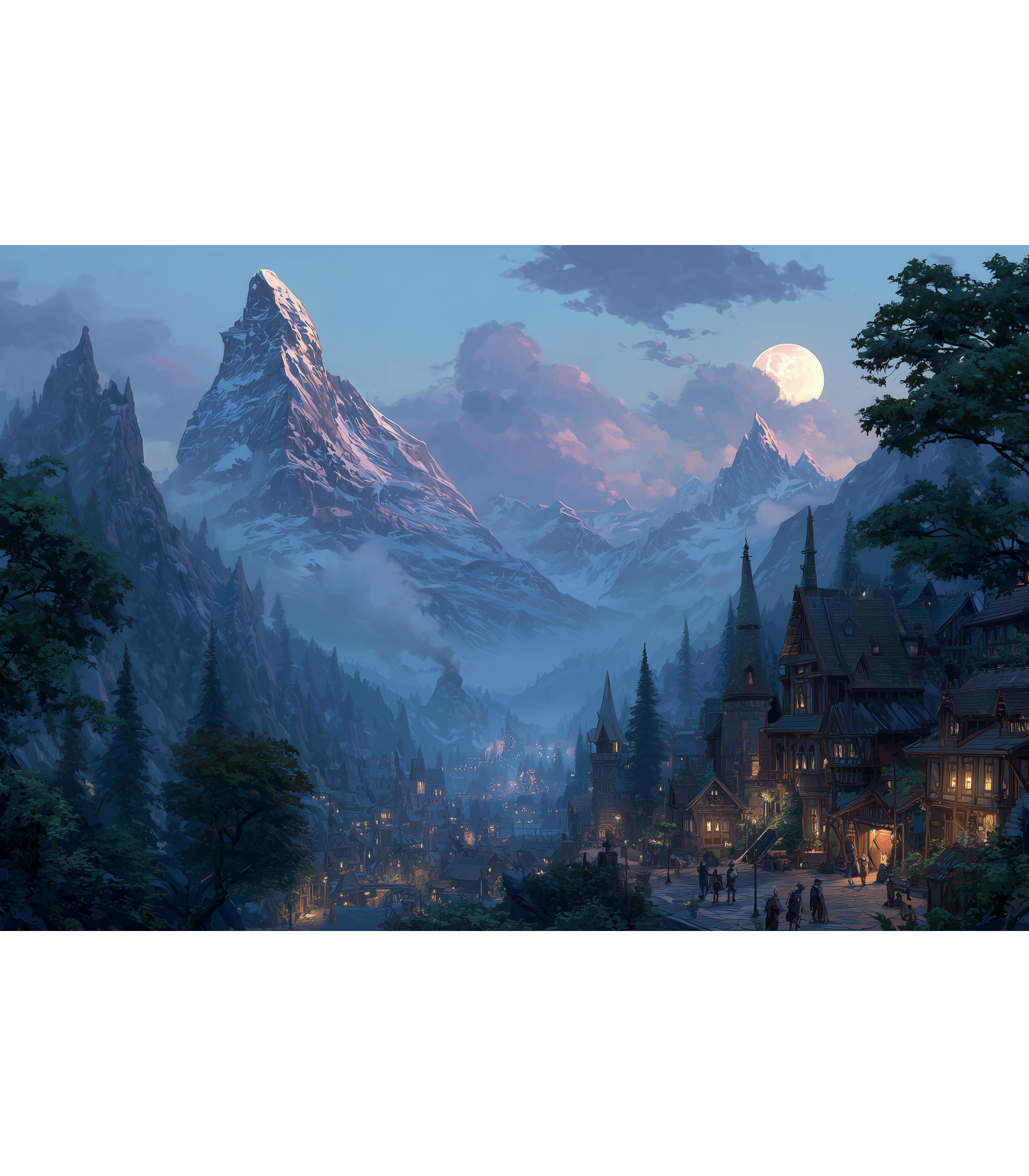 Majestic mountain landscape with a village at dusk under a full moon. Festival lights in alpine town with spires and full moon over blue peaks.