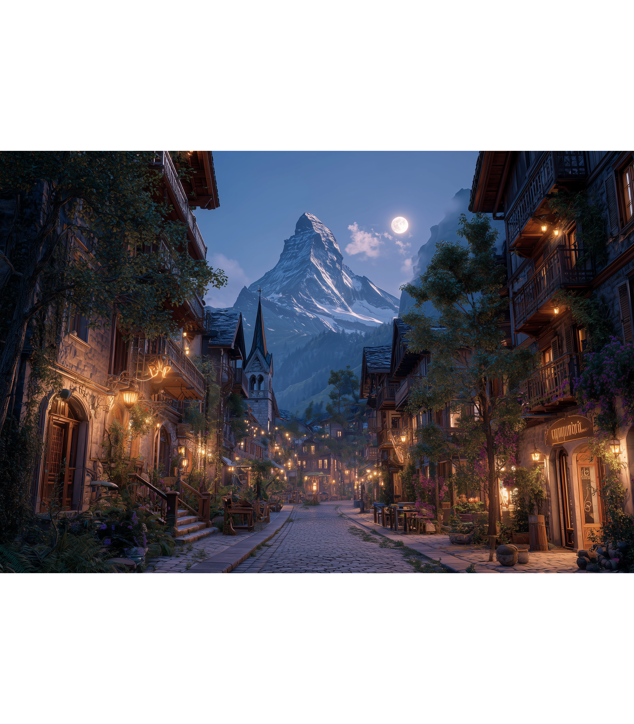 Cobbled street in a village with illuminated buildings and a mountain in the background. Moonlit mountain above cozy alpine street with balconies and steeple.
