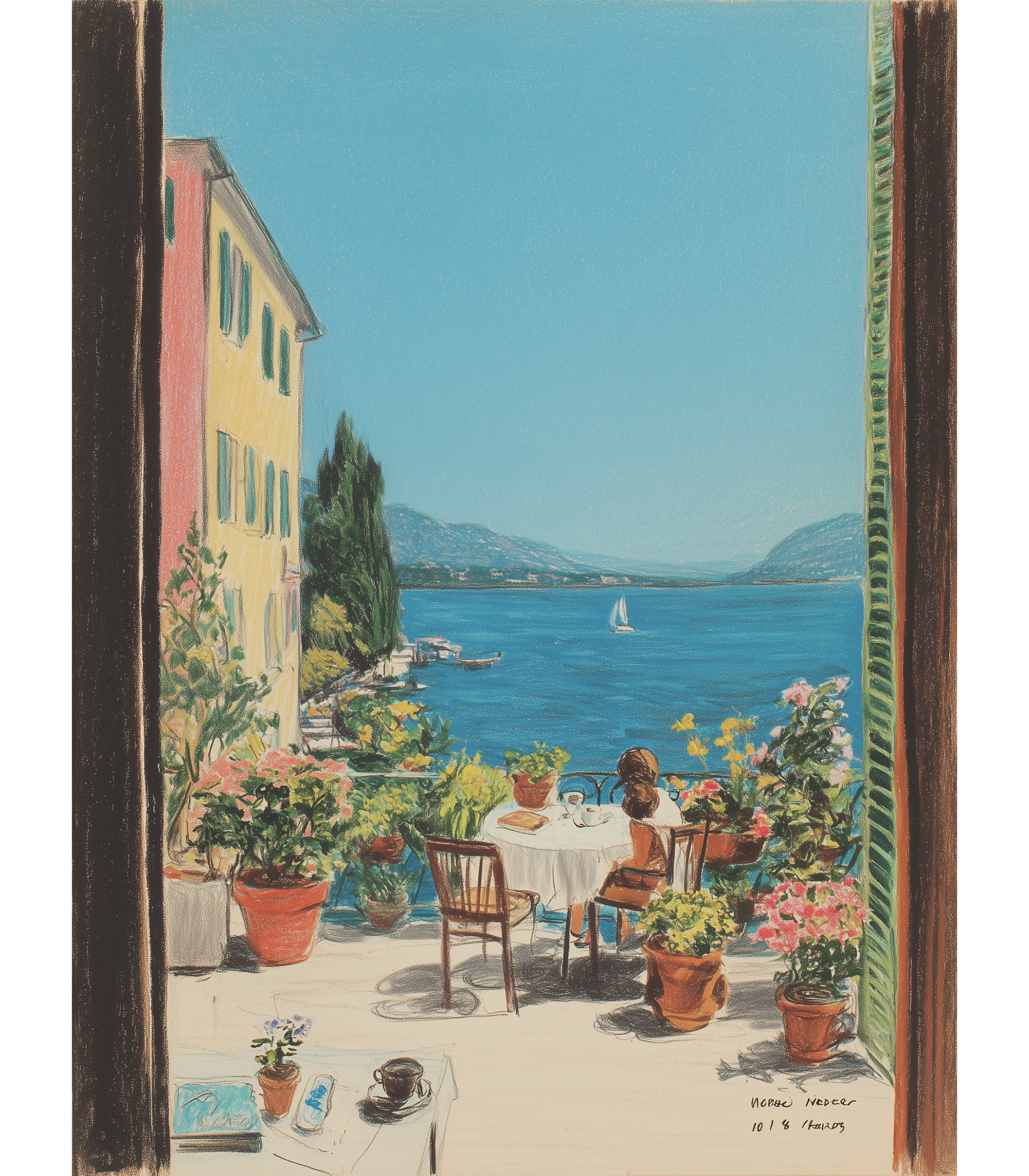 Lake Como Morning Patio | Italian Balcony View | Vintage Travel Art