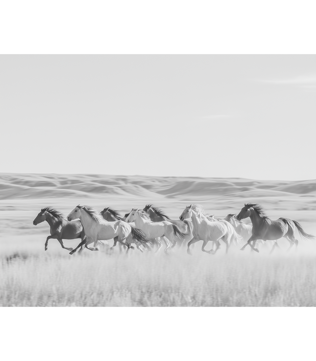 Black and white photograph of horses running in a field