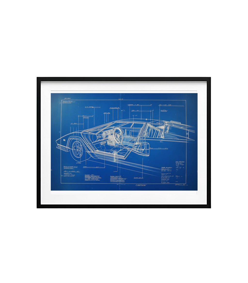 Countach cockpit/door cutaway blueprint with instrument and hinge callouts