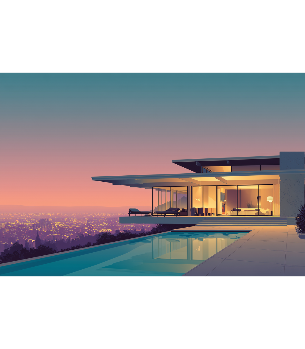 Modern house with a pool and cityscape view at dusk