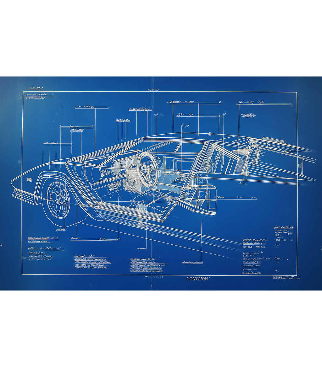 Countach cockpit/door cutaway blueprint with instrument and hinge callouts