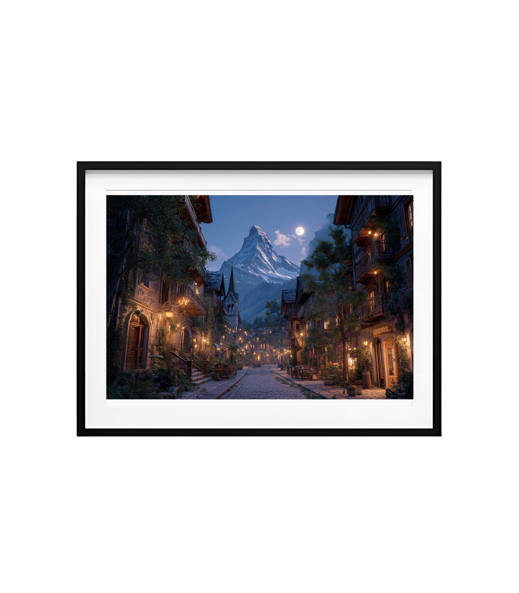 Framed artwork of a mountain village scene with a moonlit sky. Moonlit mountain above cozy alpine street with balconies and steeple.