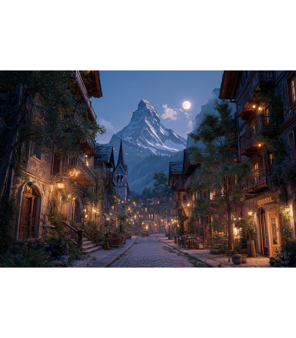 Cobbled street in a village with illuminated buildings and a mountain in the background. Moonlit mountain above cozy alpine street with balconies and steeple.